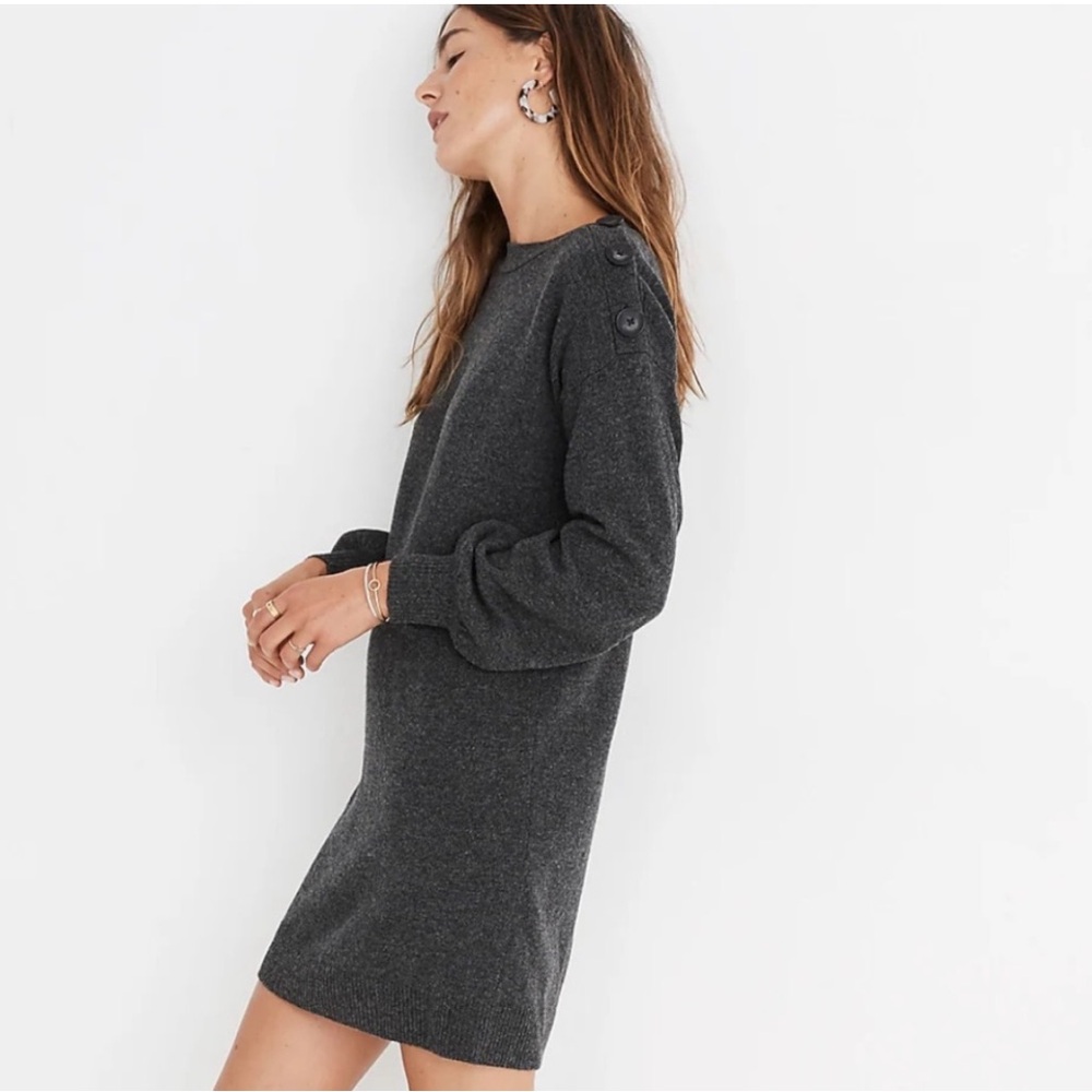 Madewell's Boatneck Button-Shoulder Sweater-Dress -Heather Carbon Size S